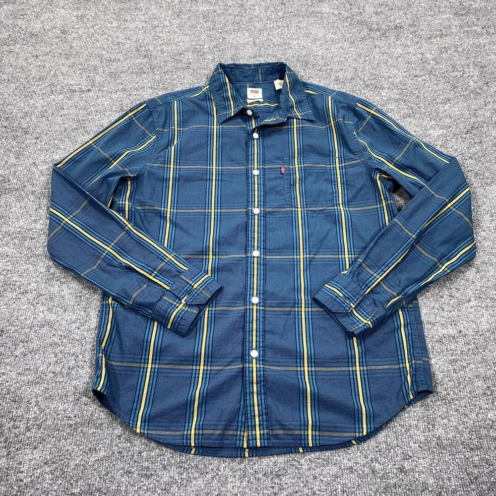 Levi's Shirt‎ Mens Medium Blue Plaid Long Sleeve Button Up Cotton Casual Regular